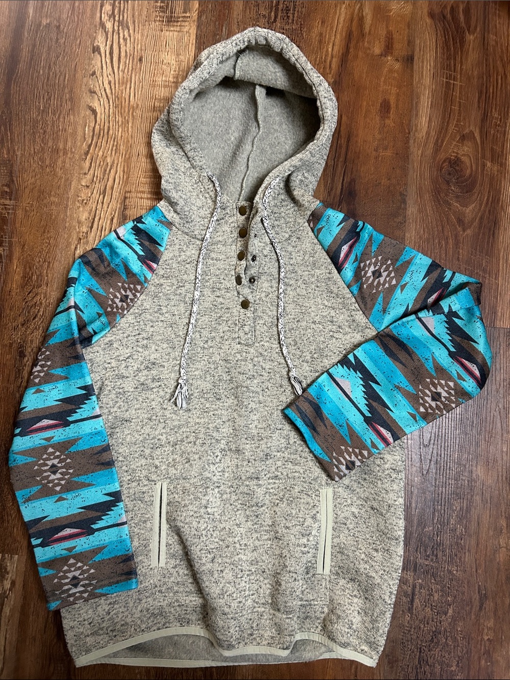 Sheilay Women’s Hooded Pullover Sweater with Turquoise Aztec Sleeves